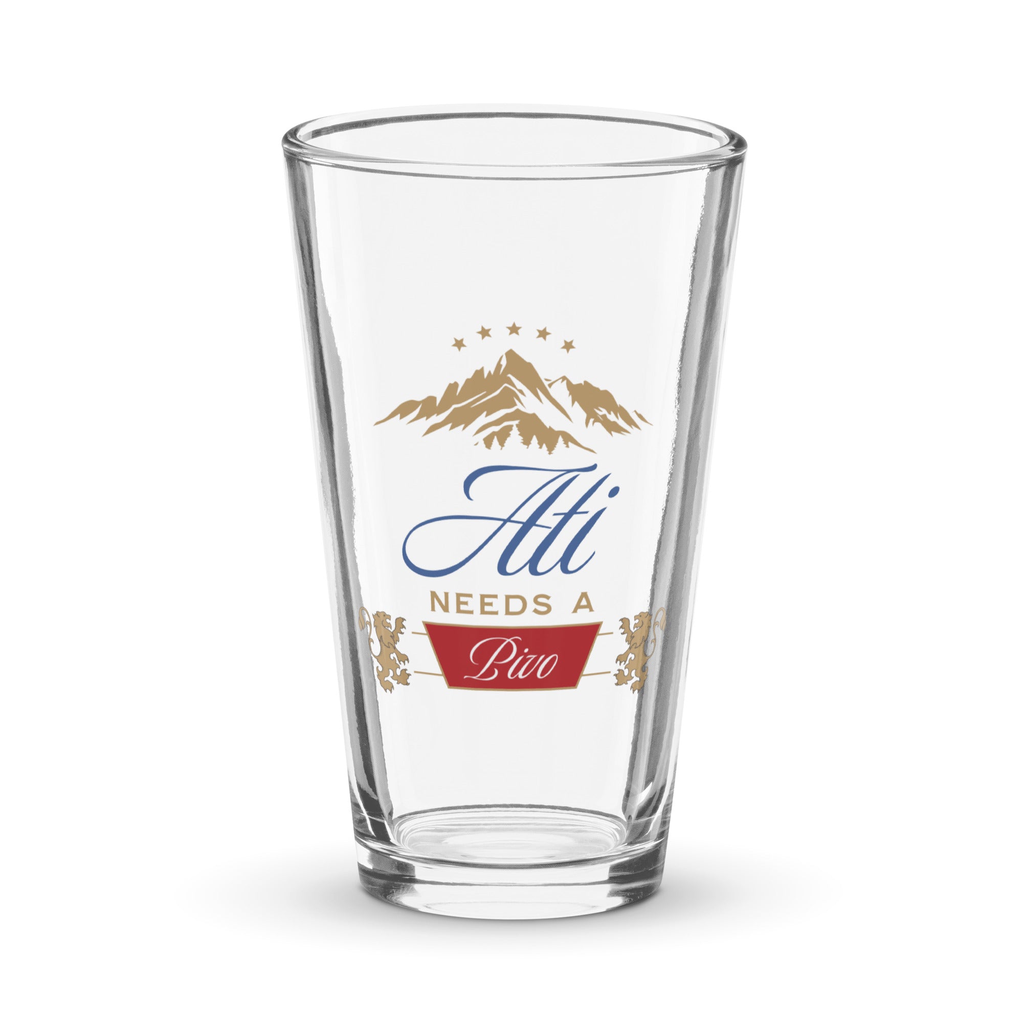 beer pint glass with ati needs a pivo slovenian dad design and mountain graphic