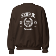 Skopje Macedonia varsity crewneck sweatshirt espresso brown front view