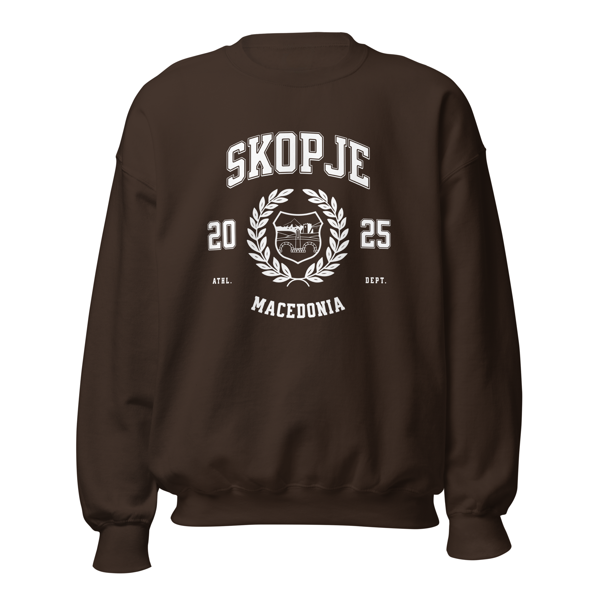 Skopje Macedonia varsity crewneck sweatshirt espresso brown front view