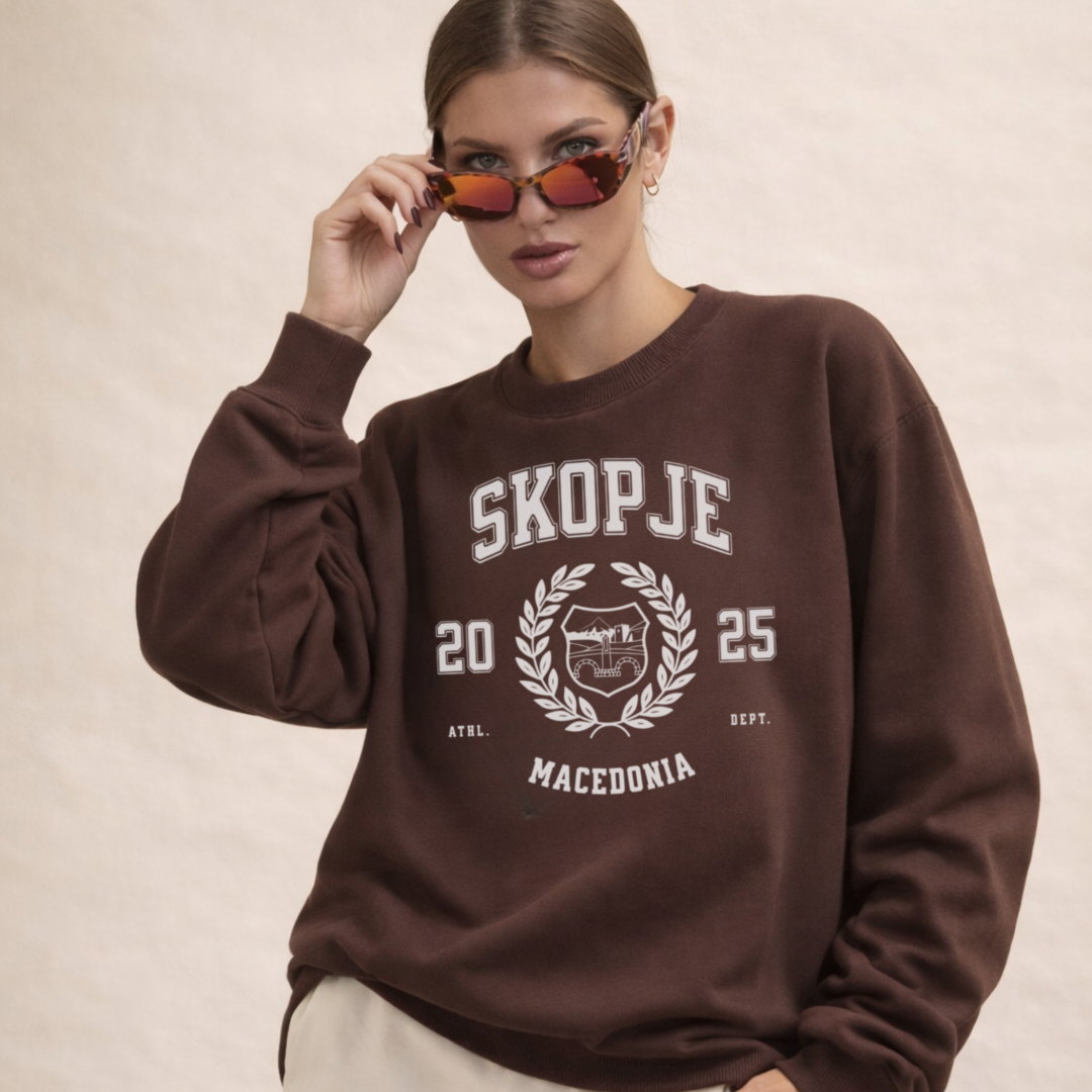 Woman wearing Skopje Macedonia varsity crewneck sweatshirt espresso brown