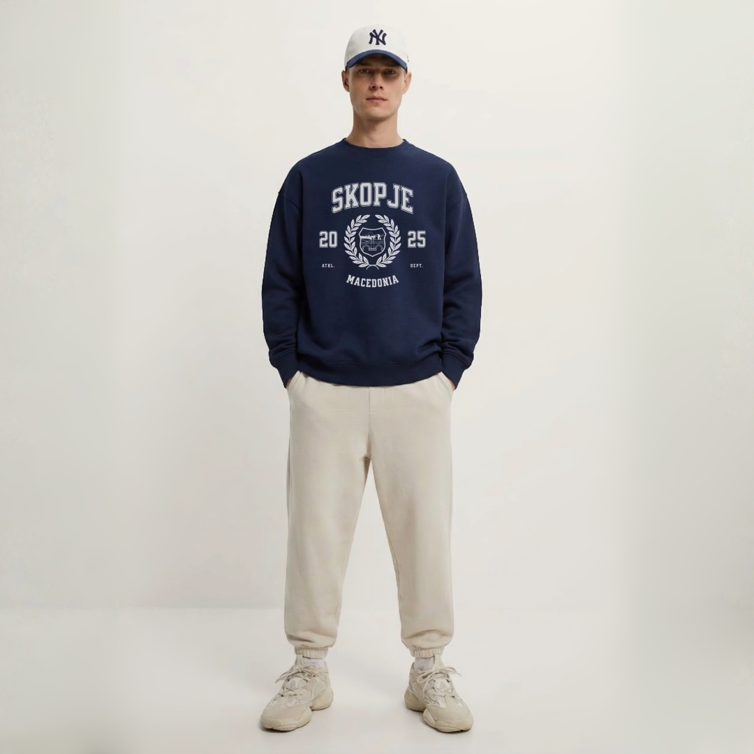 Man wearing Skopje Macedonia varsity crewneck sweatshirt navy blue