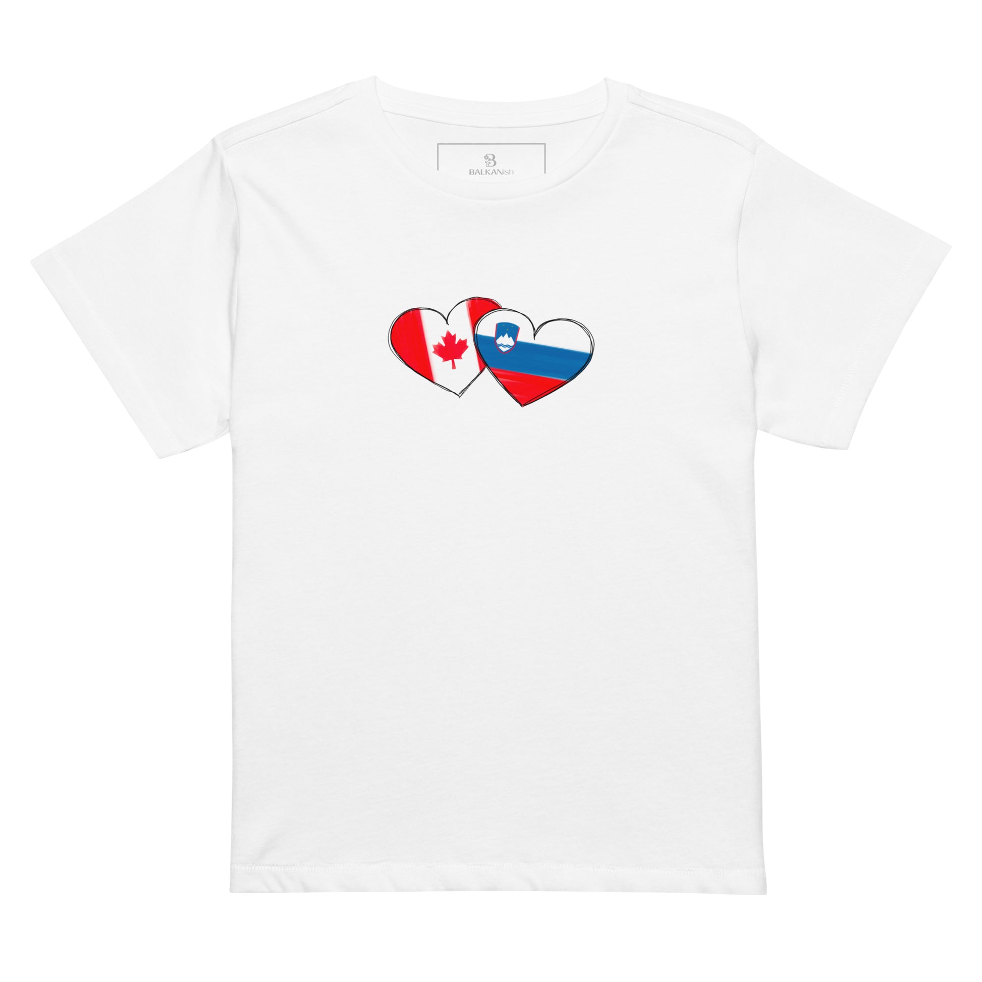 Woman wearing a Slovenia and Canada hearts high waisted t-shirt featuring hand-drawn watercolor flag hearts for the Slovenian Canadian diaspora.