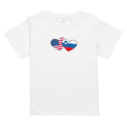 Woman wearing a Slovenia and USA hearts high waisted t-shirt featuring hand-drawn watercolor flag hearts for the Slovenian American diaspora.