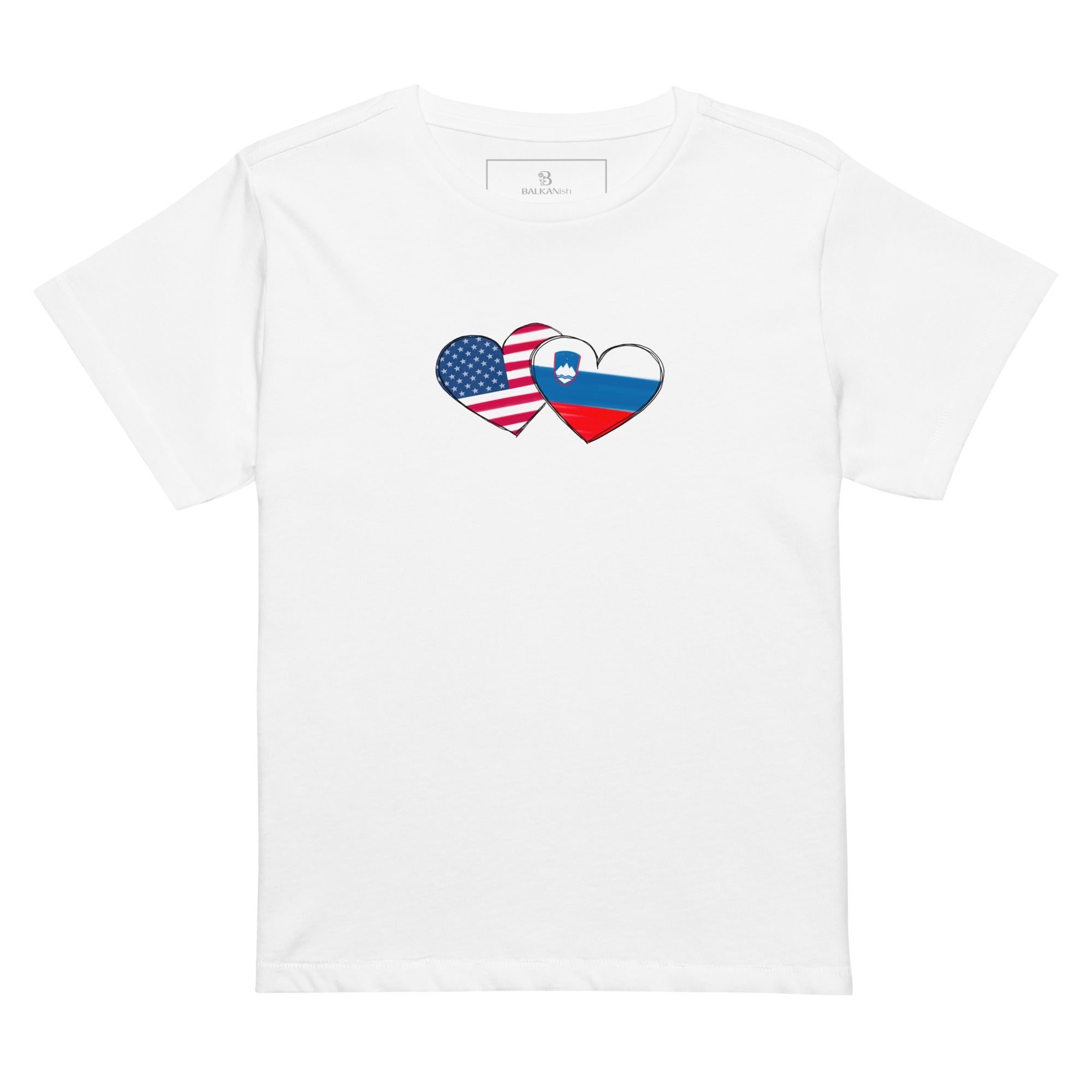 Woman wearing a Slovenia and USA hearts high waisted t-shirt featuring hand-drawn watercolor flag hearts for the Slovenian American diaspora.