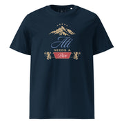 navy blue men's shirt with ati needs a pivo slovenian dad beer design and mountain graphic