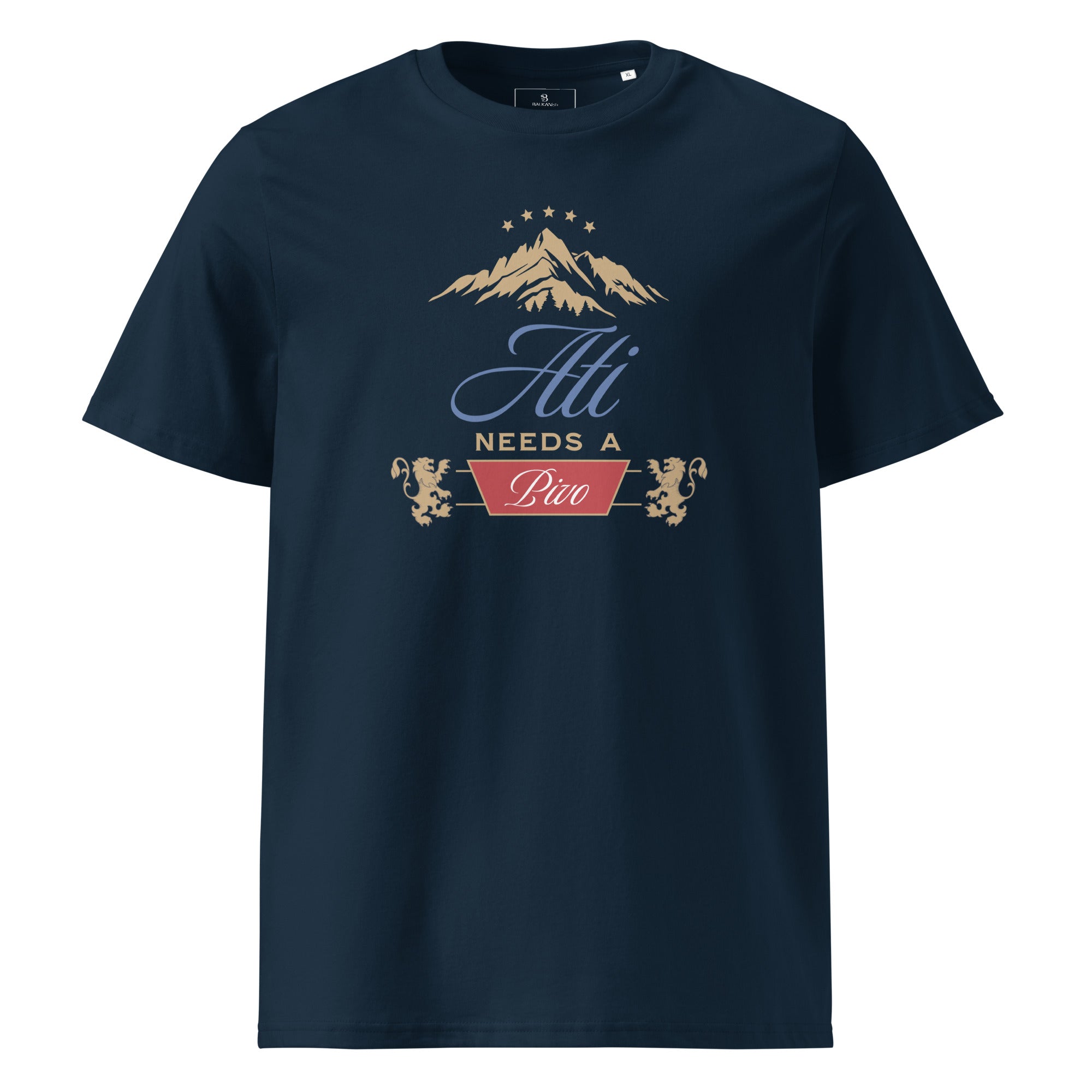 navy blue men's shirt with ati needs a pivo slovenian dad beer design and mountain graphic