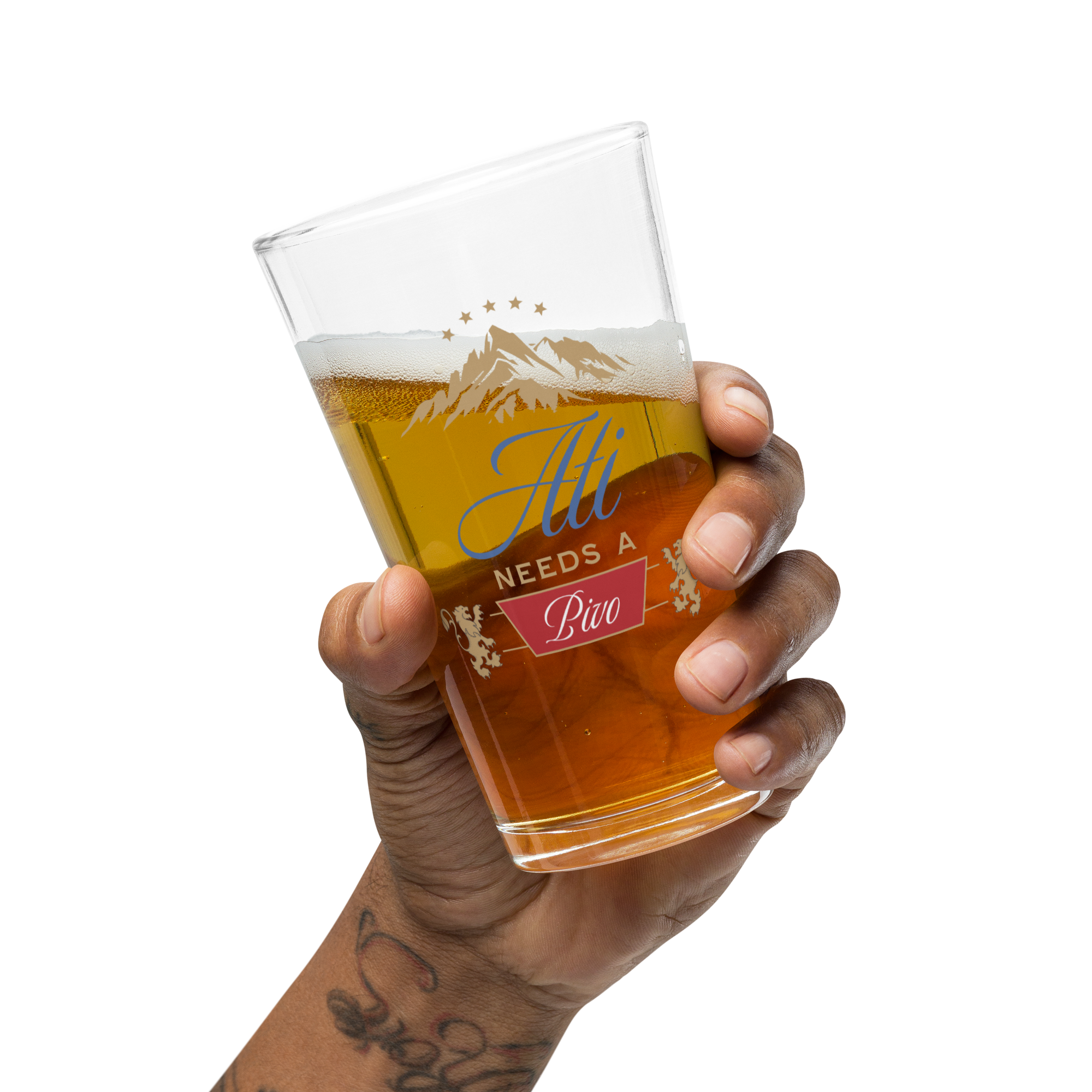 beer pint glass with ati needs a pivo slovenian dad design and mountain graphic