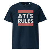 navy blue men's shirt with ati's rules text design in bold vintage lettering