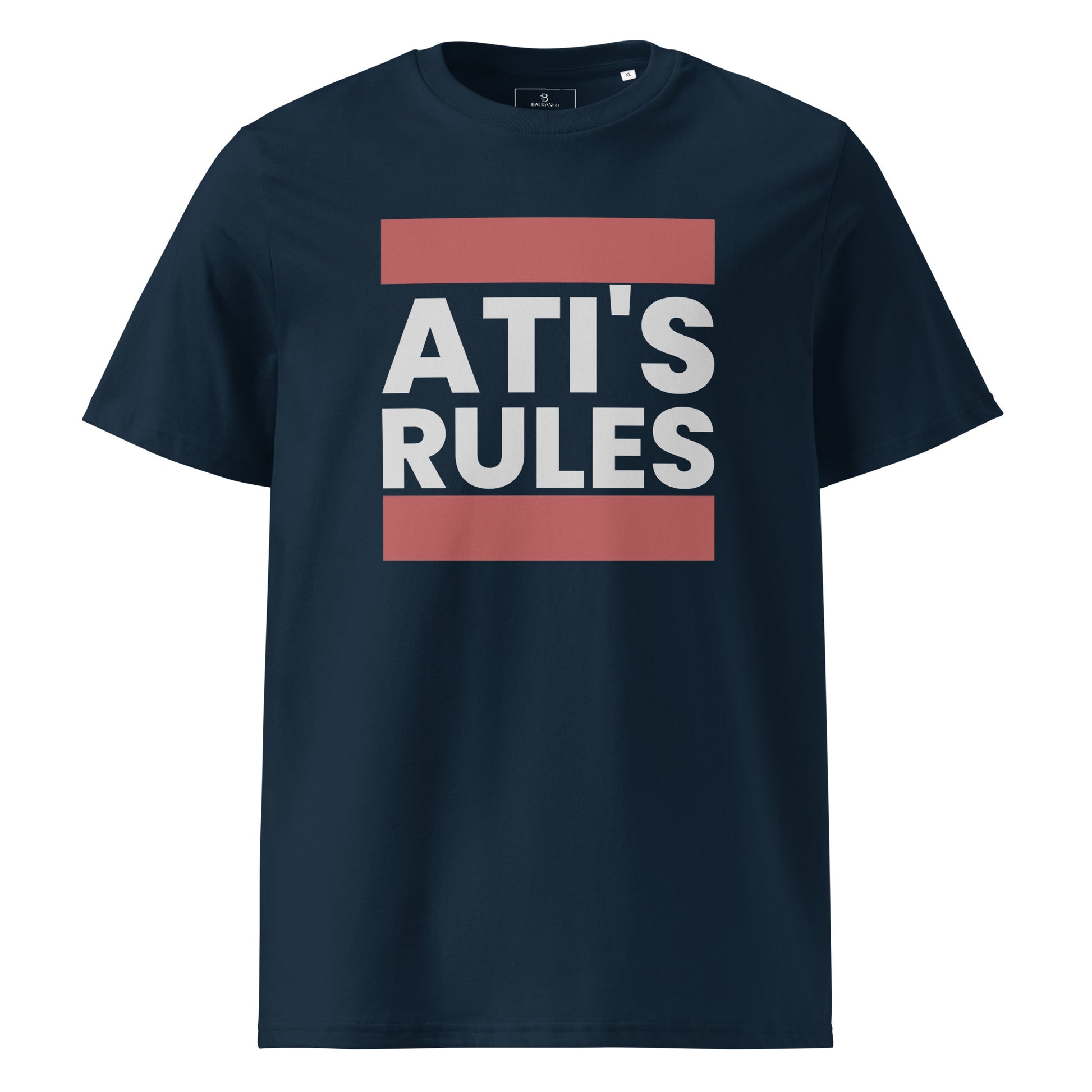 navy blue men's shirt with ati's rules text design in bold vintage lettering