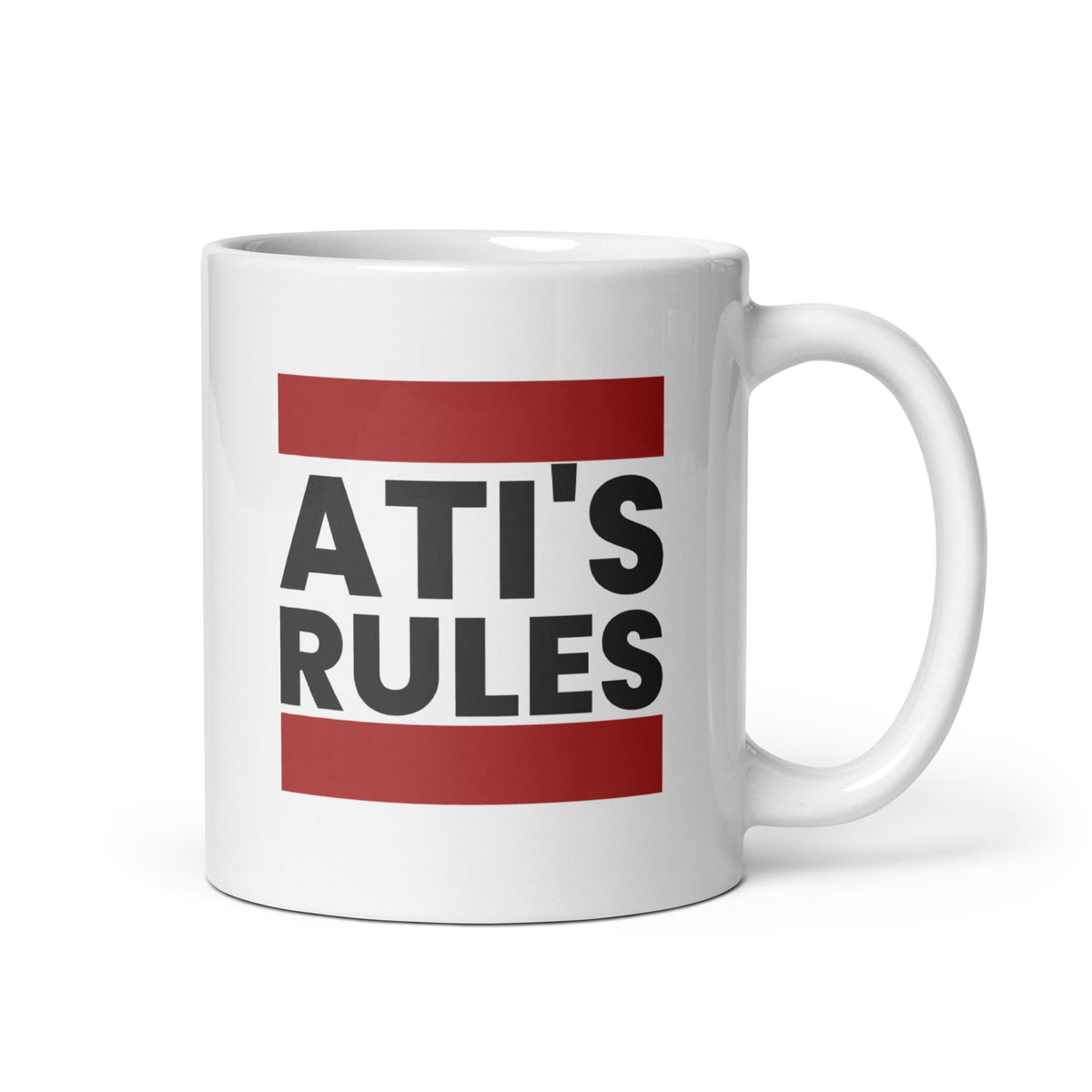 white mug with ati's rules text design in bold vintage lettering