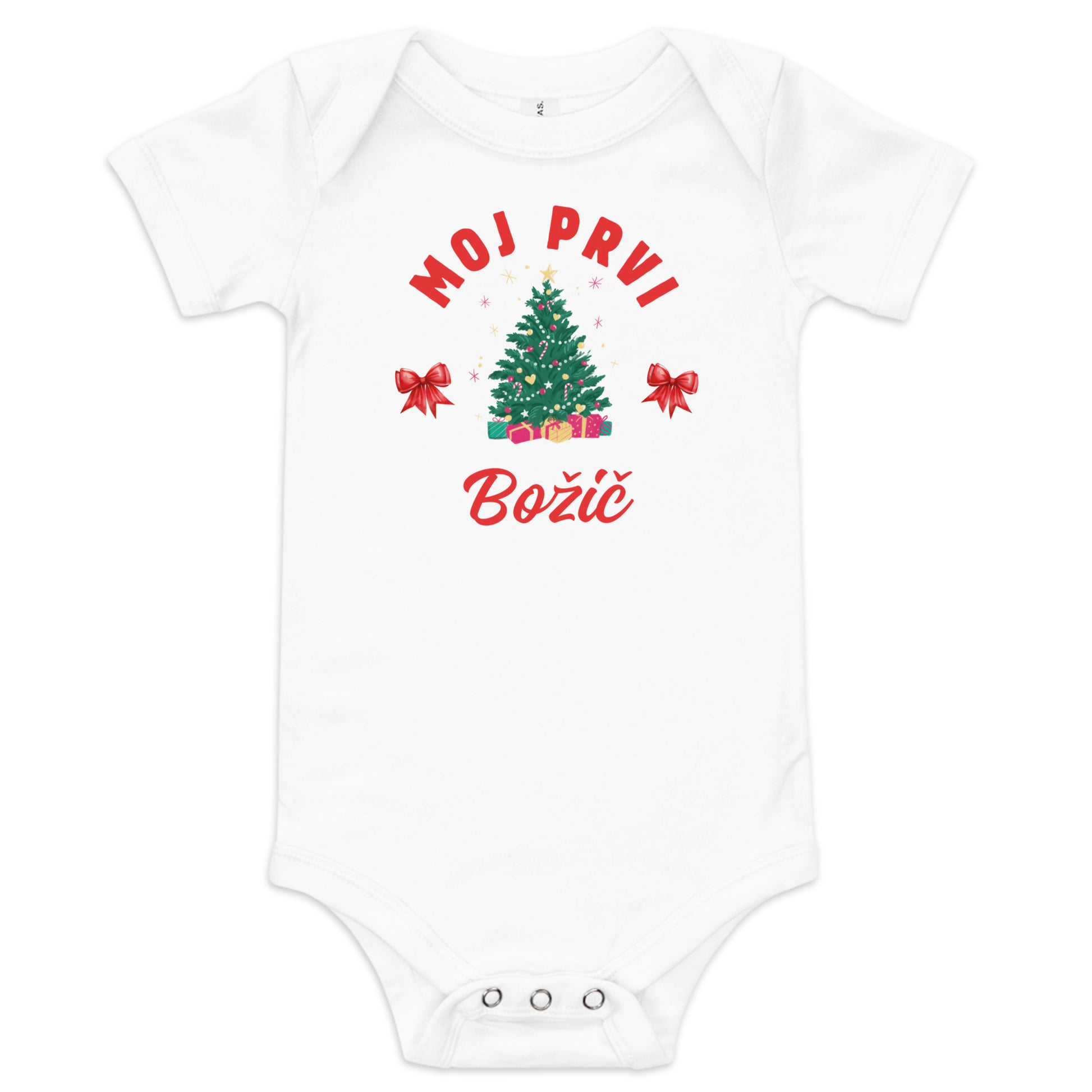 Slovenian baby Christmas bodysuit with text Moj Prvi Božič – Balkanish design