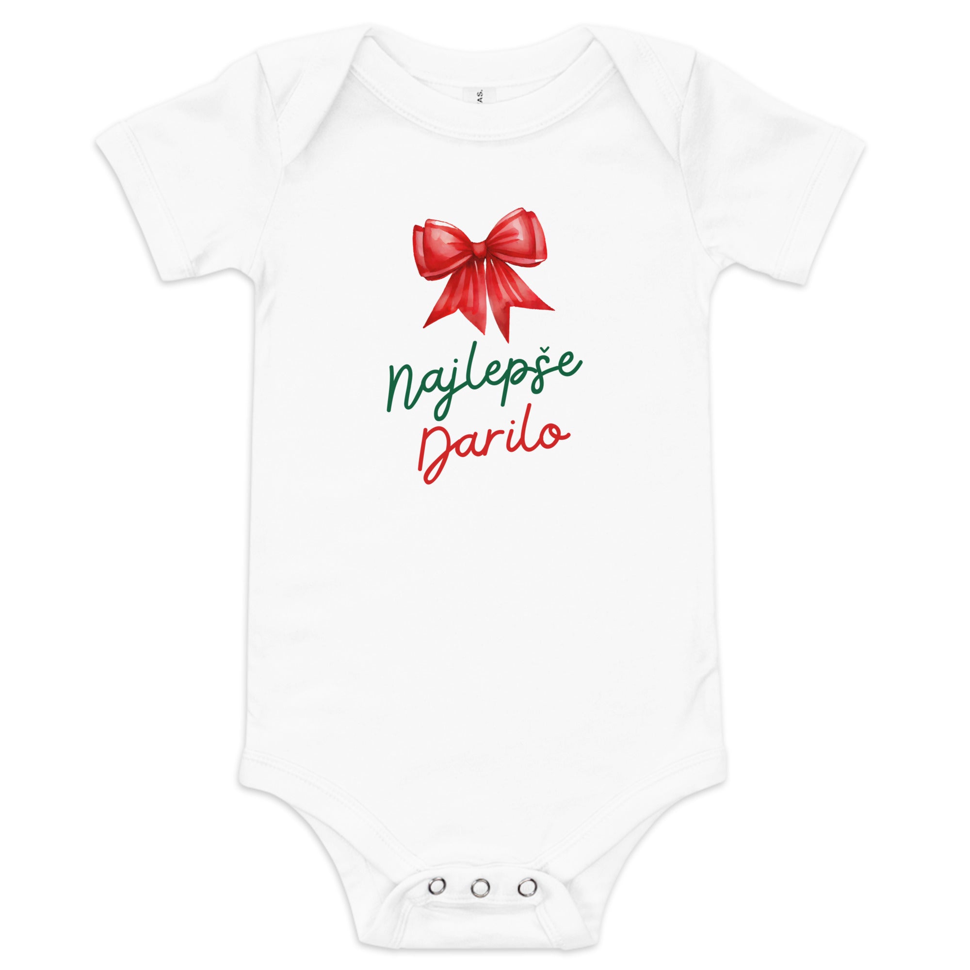 Slovenian baby Christmas bodysuit with text Najlepše Darilo and red bow – Balkanish design