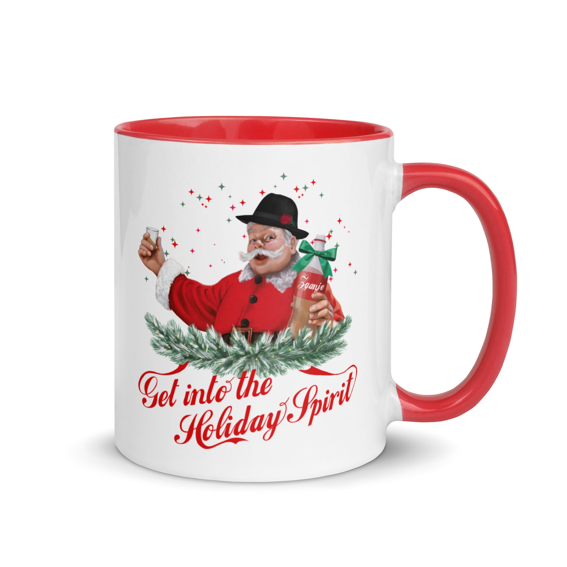 Slovenian Christmas mug featuring Santa holding a bottle of zganje – Balkanish design