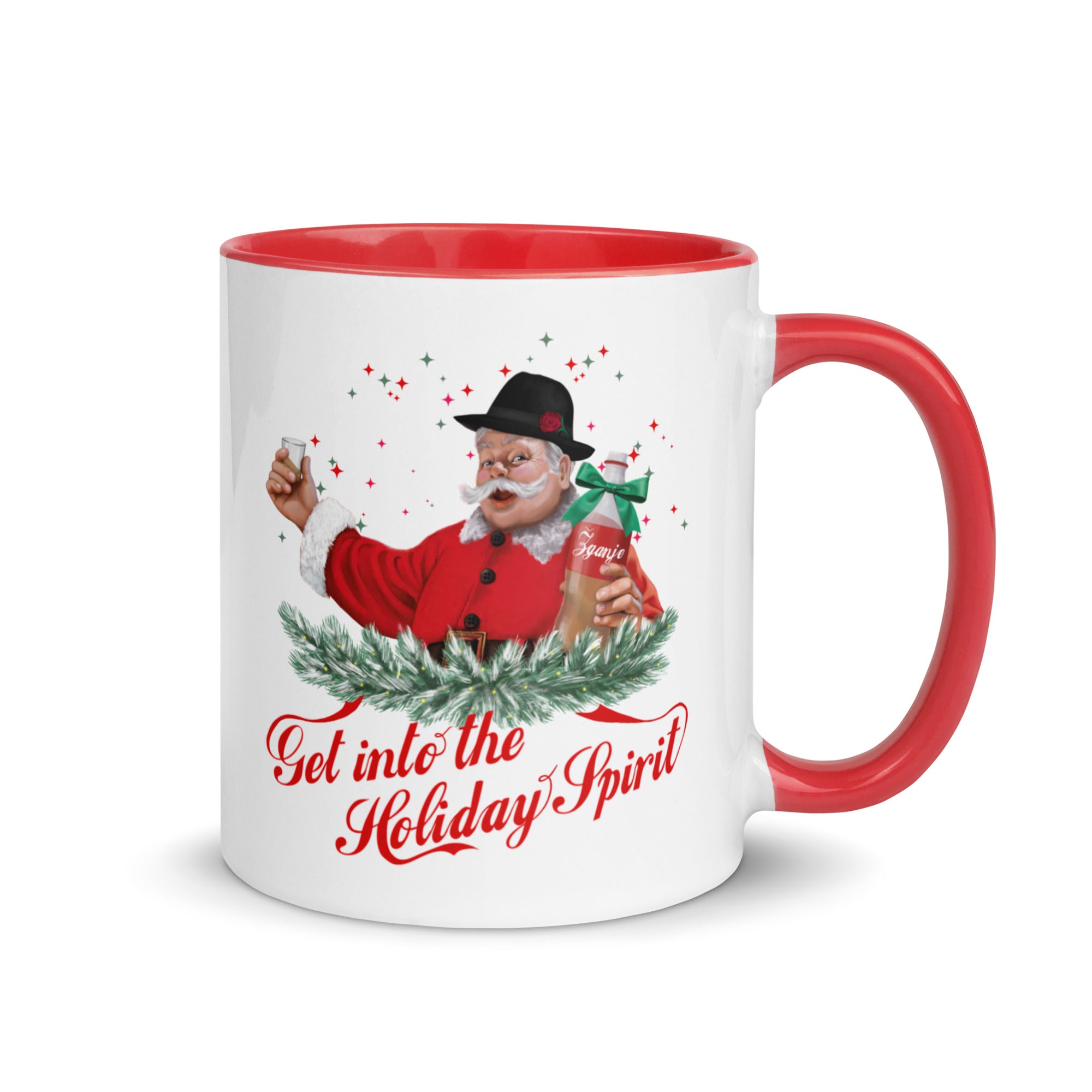 Slovenian Christmas mug featuring Santa holding a bottle of zganje – Balkanish design