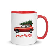 Slovenian Christmas mug with red Yugo carrying a Christmas tree and text Vesel Božič – Balkanish design