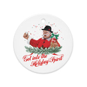 Red Christmas ornament featuring Slovenian Santa with žganje bottle — funny Balkan holiday ornament