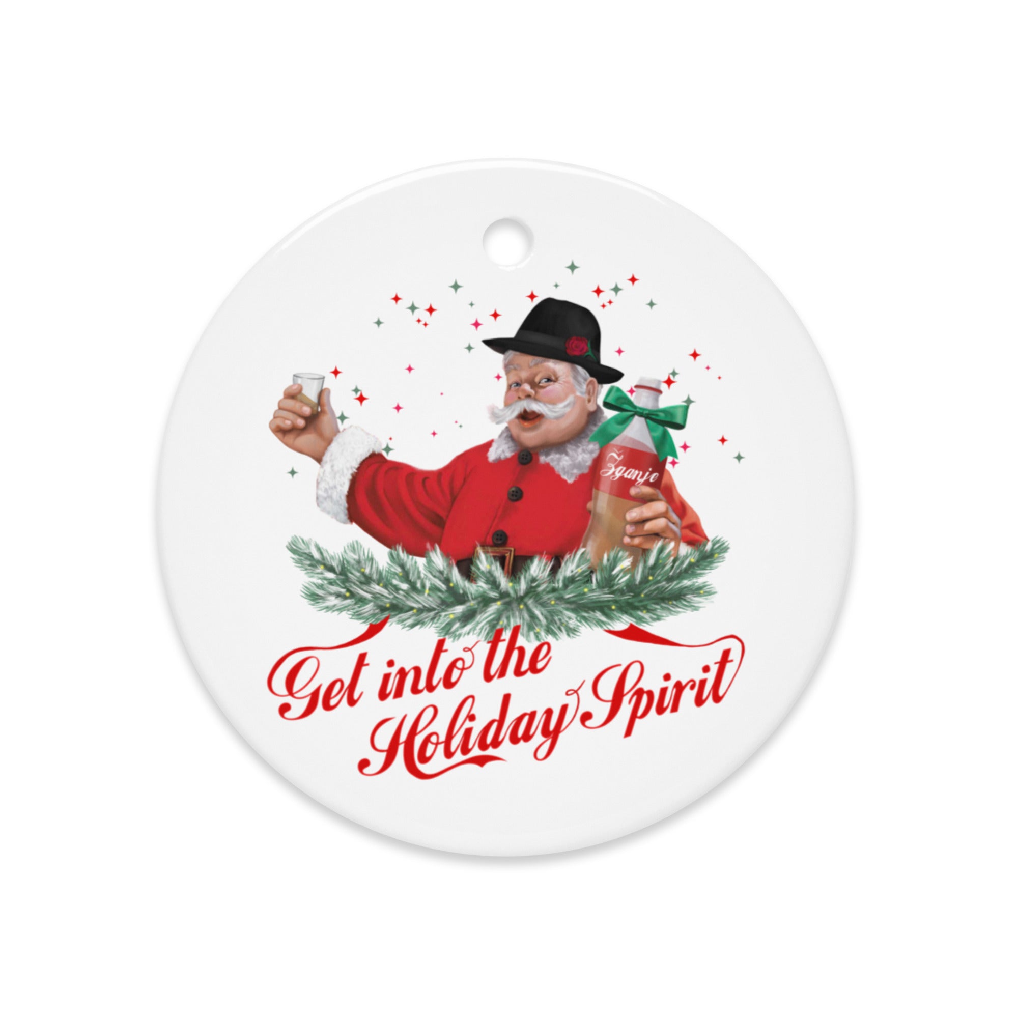 Red Christmas ornament featuring Slovenian Santa with žganje bottle — funny Balkan holiday ornament