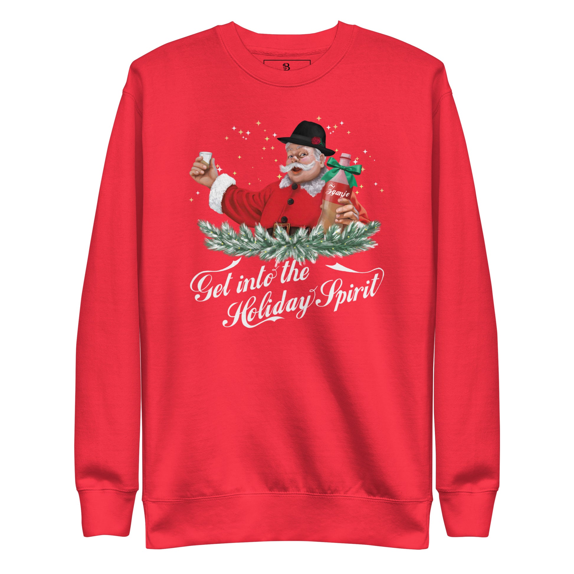 Red Slovenian Christmas sweater featuring Santa with žganje — funny Balkan holiday sweatshirt