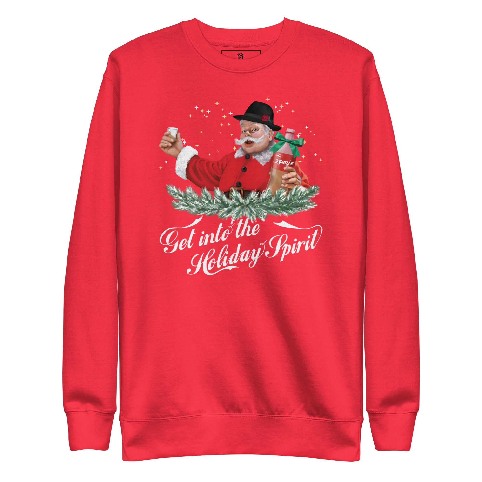 Red Slovenian Christmas sweater featuring Santa with žganje — funny Balkan holiday sweatshirt
