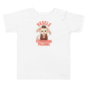 Toddler shirt with bunny wearing traditional clothing and the phrase “Vesele Velikonočne Praznike” meaning Happy Easter Holidays in Slovenian