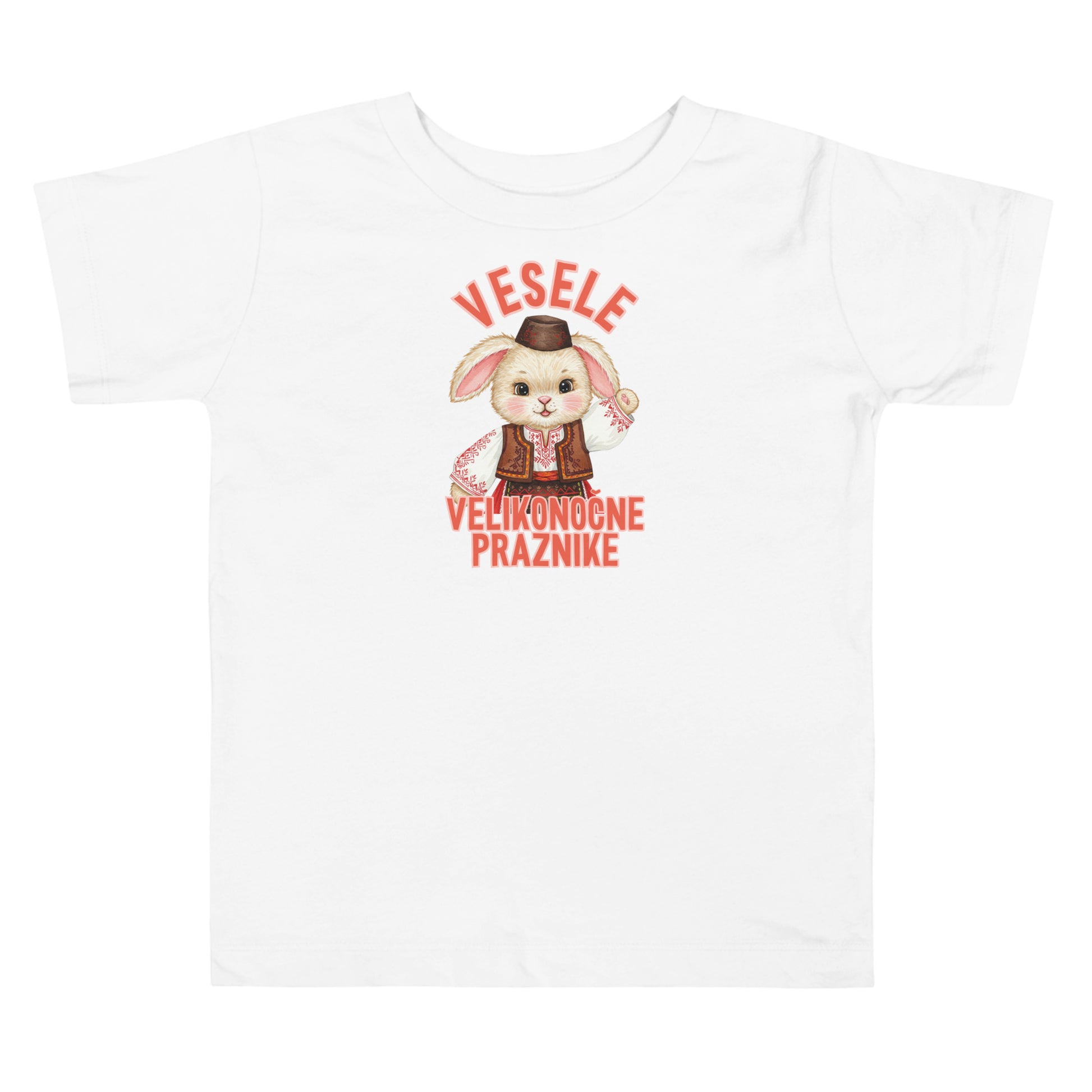 Toddler shirt with bunny wearing traditional clothing and the phrase “Vesele Velikonočne Praznike” meaning Happy Easter Holidays in Slovenian