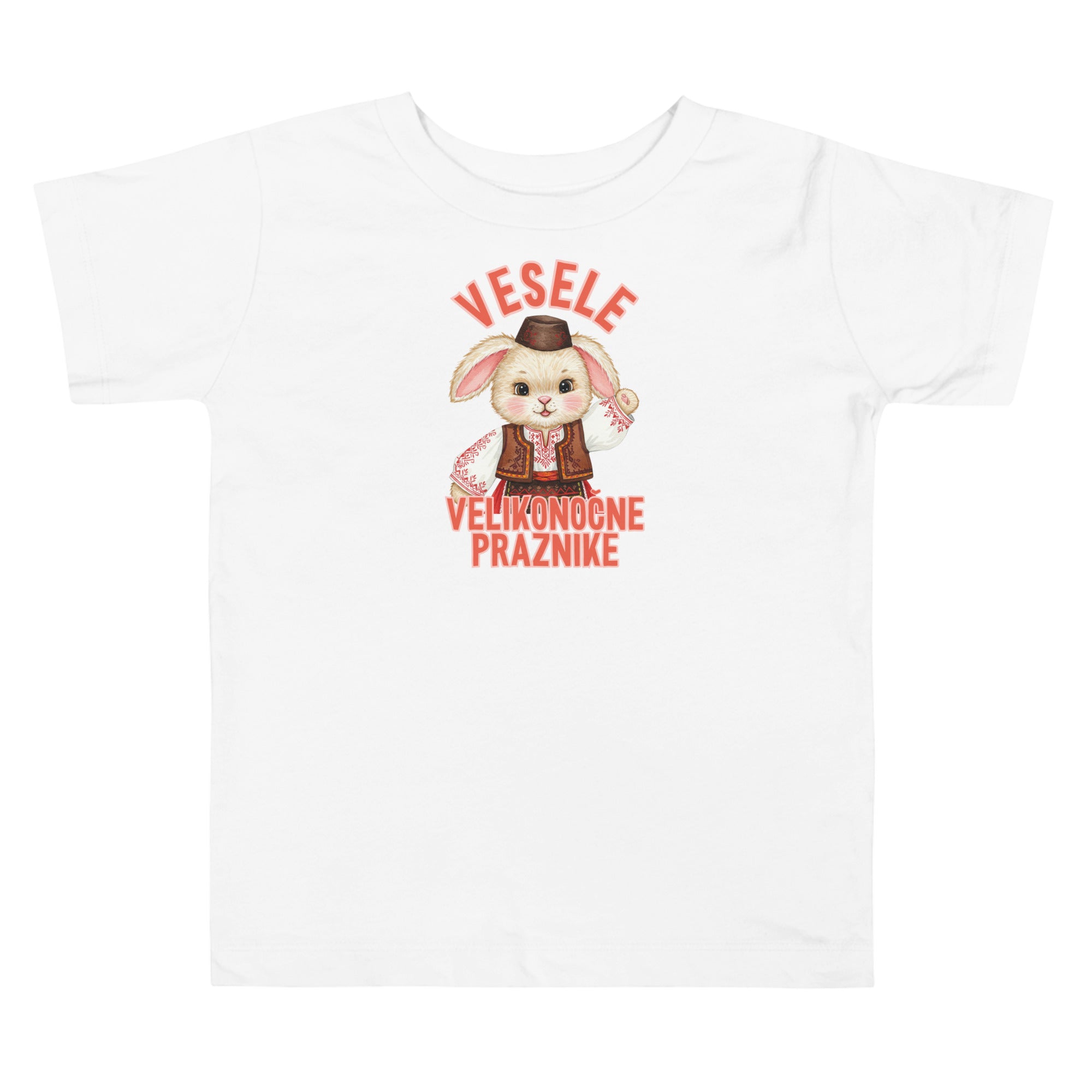 Toddler shirt with bunny wearing traditional clothing and the phrase “Vesele Velikonočne Praznike” meaning Happy Easter Holidays in Slovenian