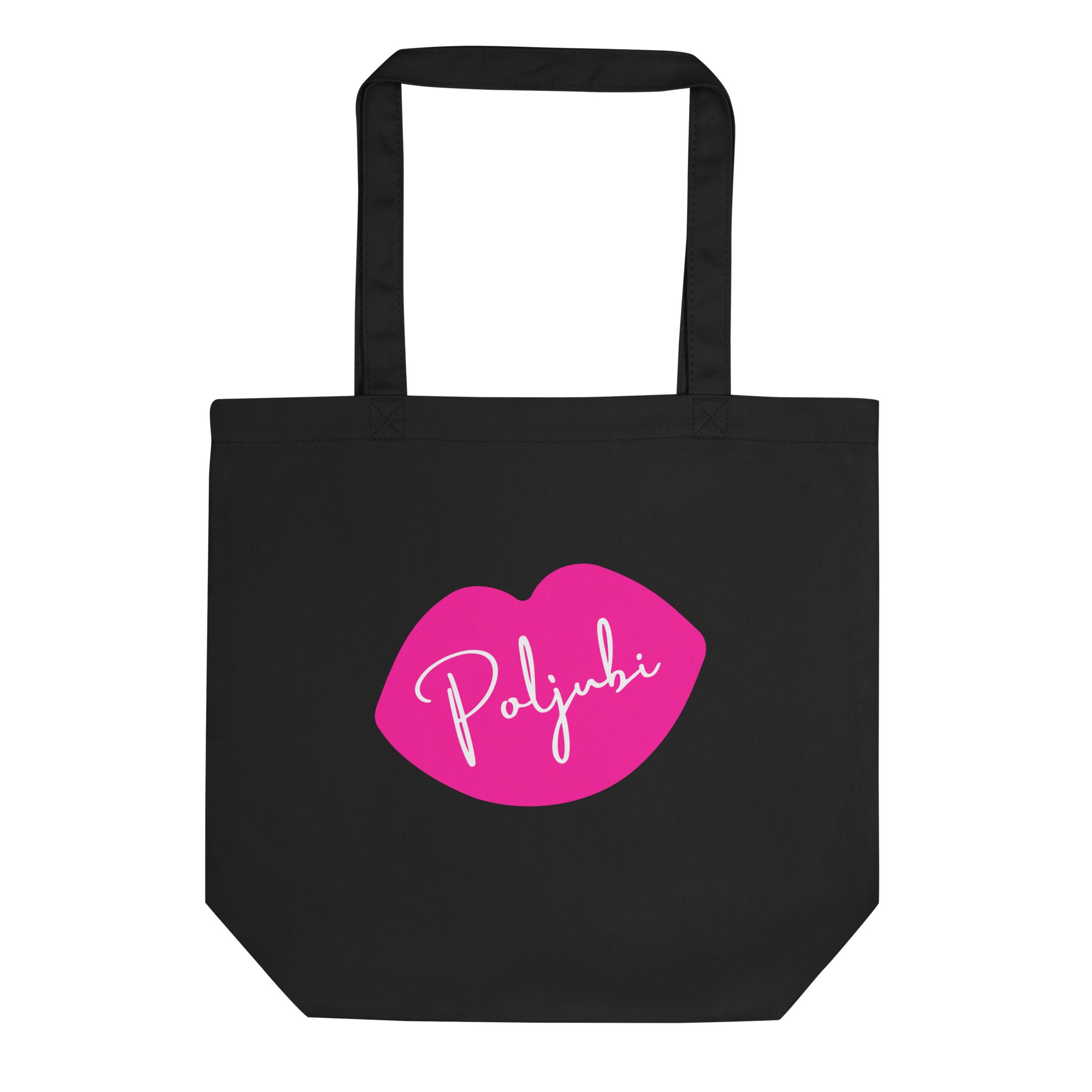 Black tote bag with pink lips graphic and the word “Poljubi.”
