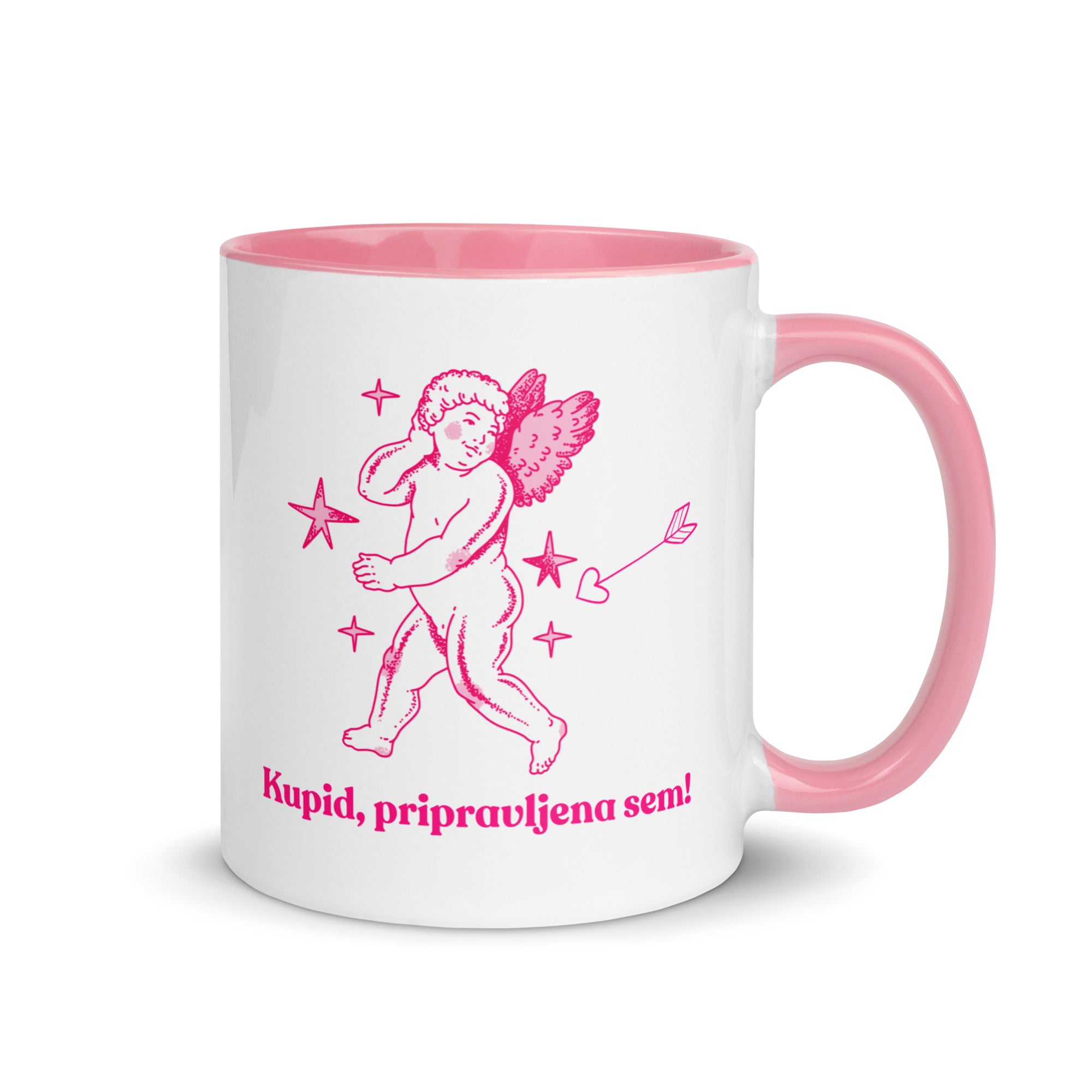 White mug with pink handle and interior featuring a cupid illustration and the Slovenian phrase “Kupid, pripravljena sem!”
