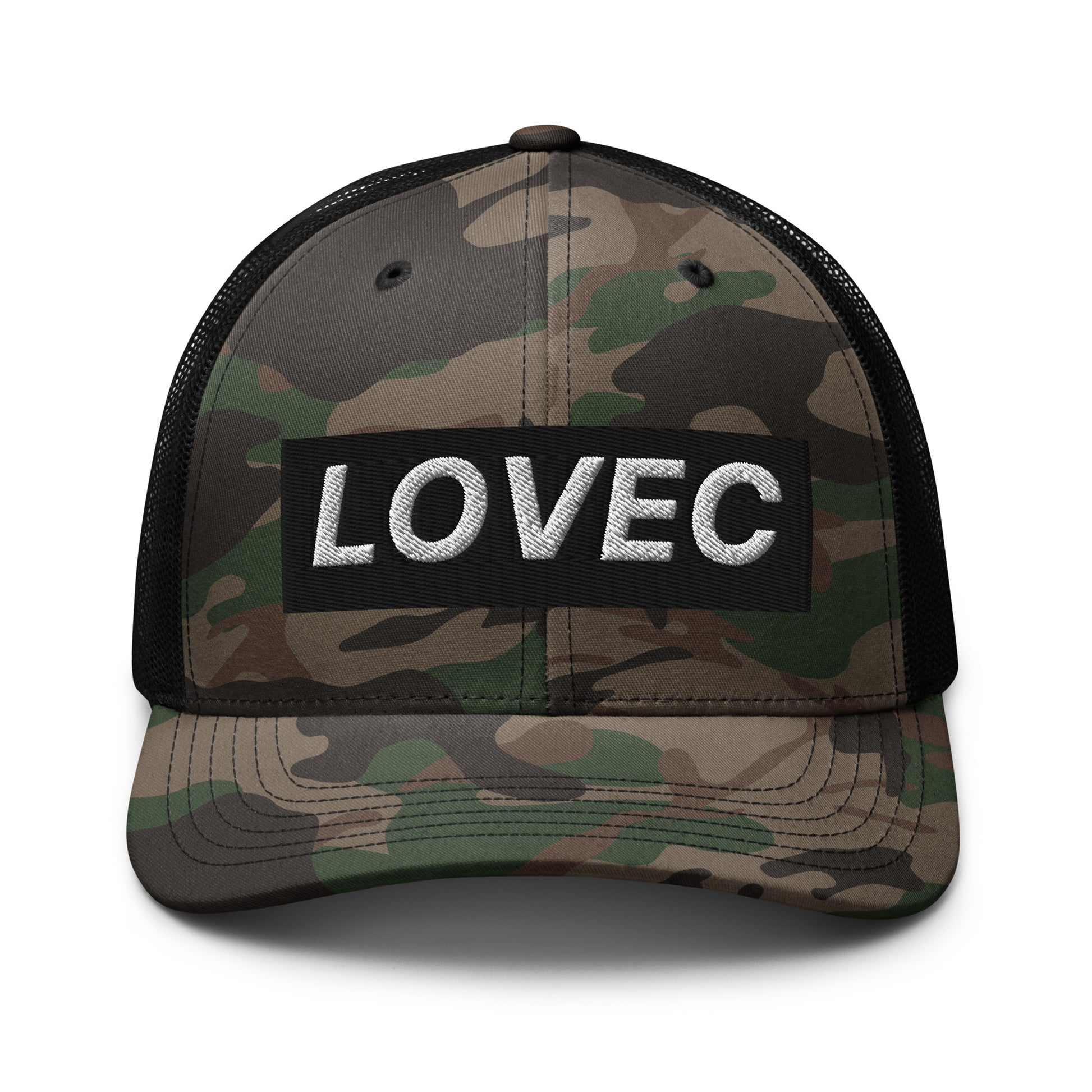Slovenian Lovec camouflage trucker hat with embroidered white lettering and black mesh back