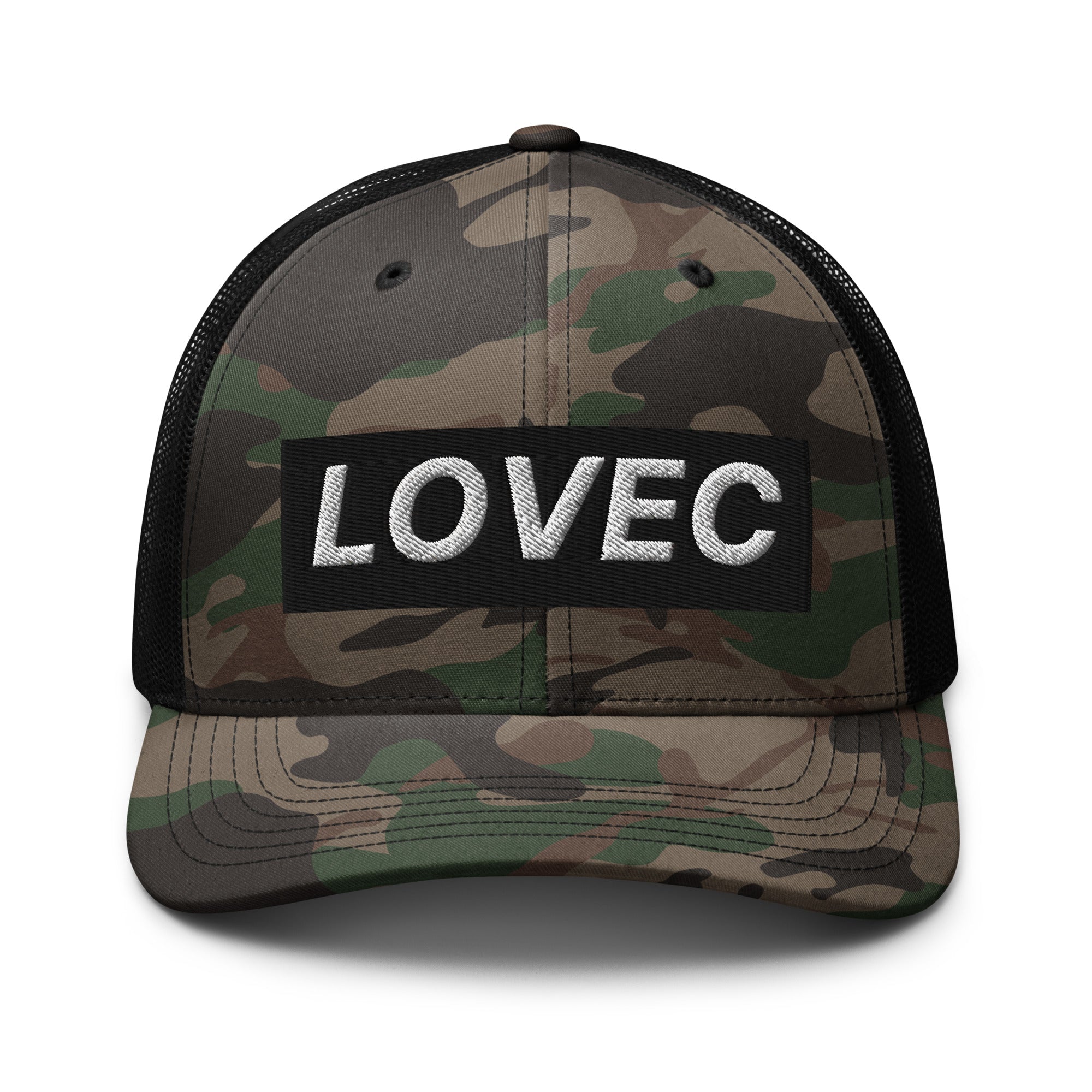 Slovenian Lovec camouflage trucker hat with embroidered white lettering and black mesh back