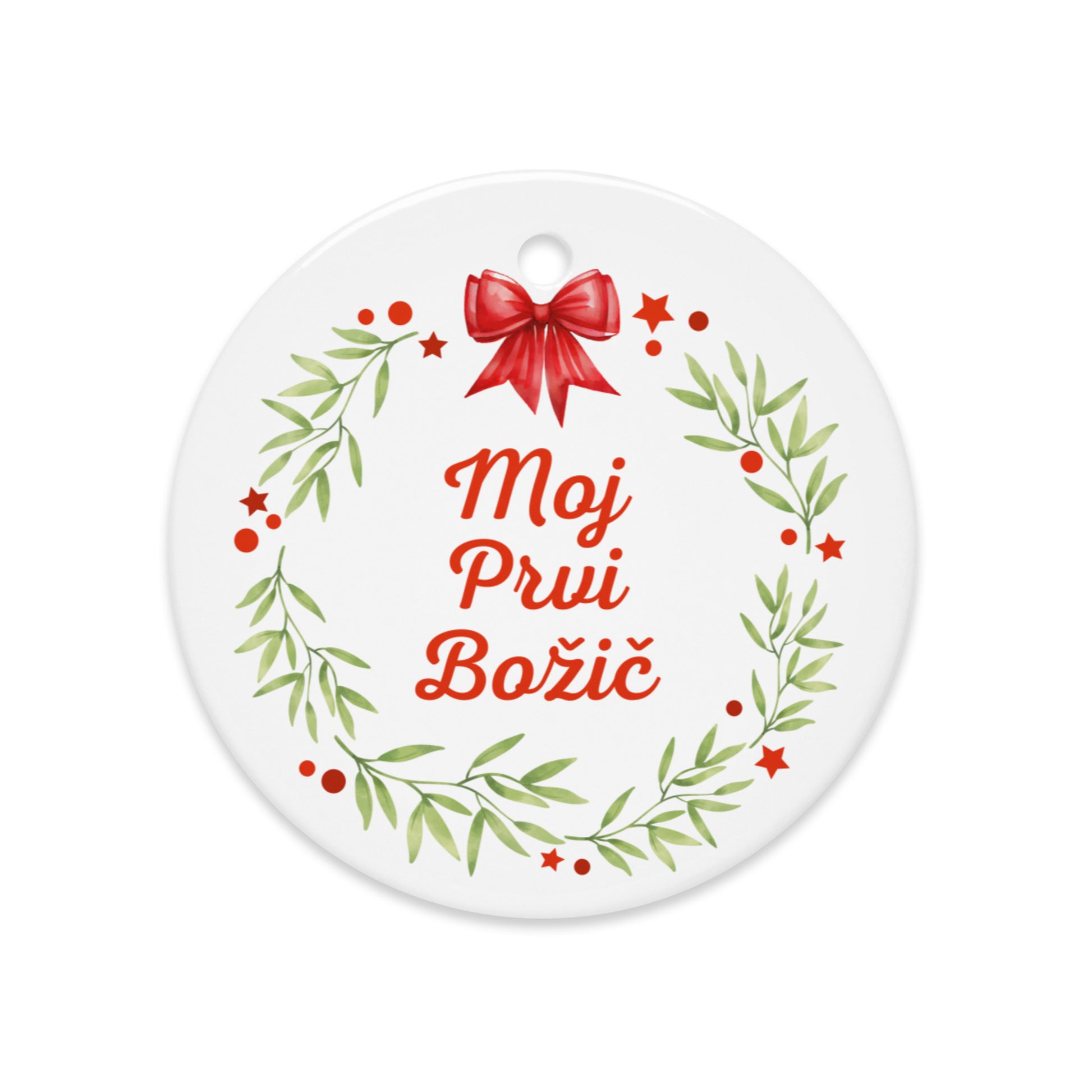 Slovenian wreath ornament with red bow and “Moj Prvi Božič”