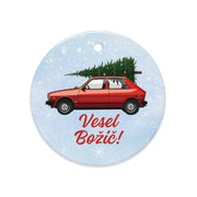 Red Yugo ornament with “Vesel Božič” — Slovenian Christmas decor