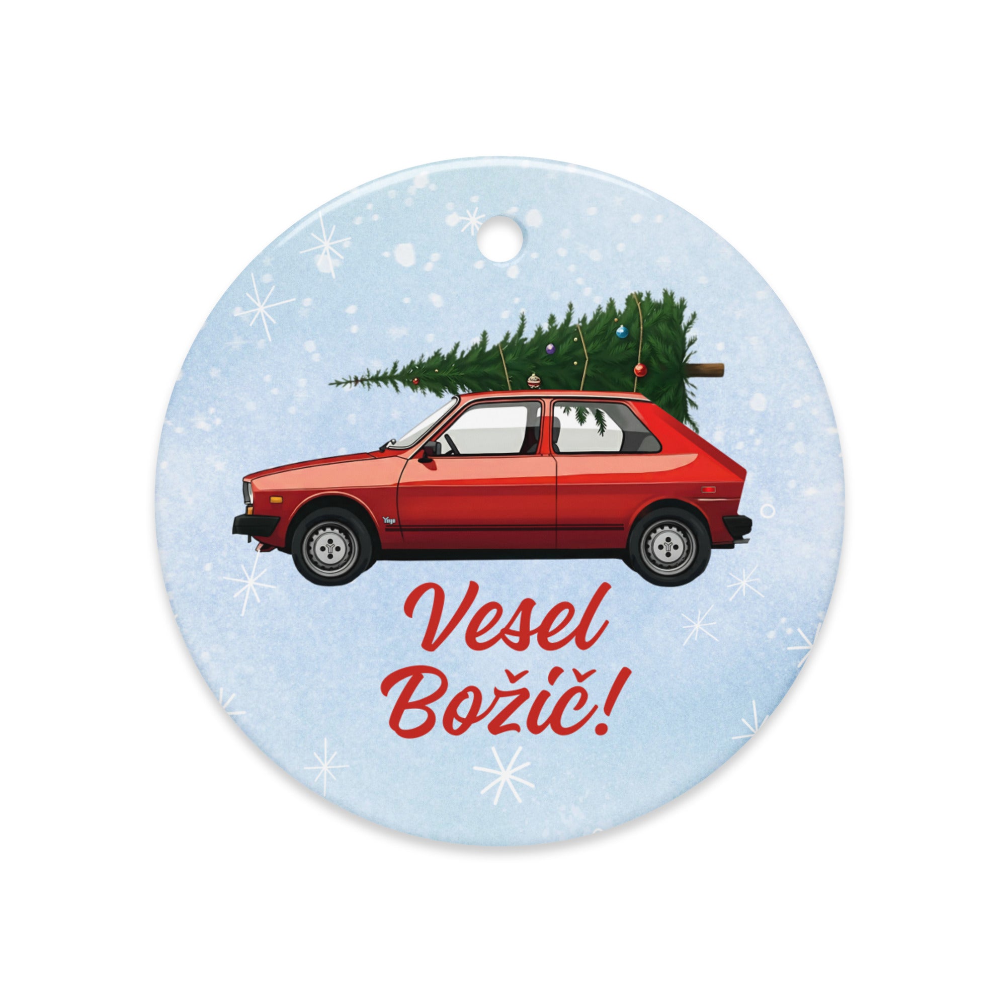 Red Yugo ornament with “Vesel Božič” — Slovenian Christmas decor