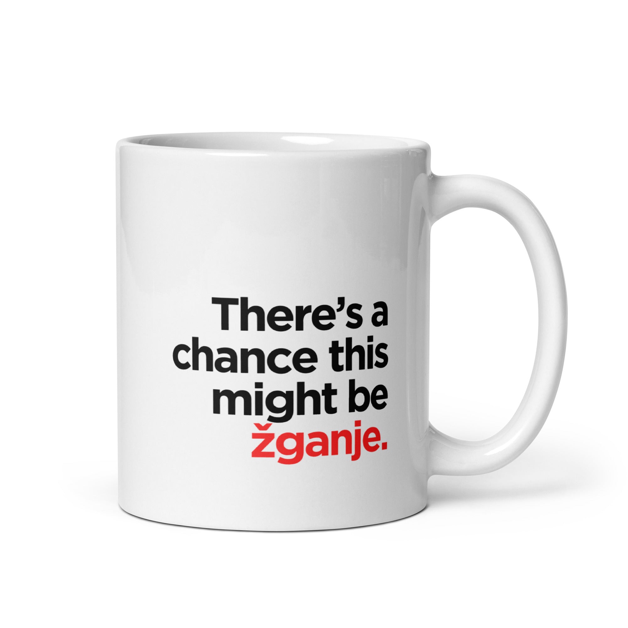 White mug with the phrase “There’s a chance this might be žganje.”