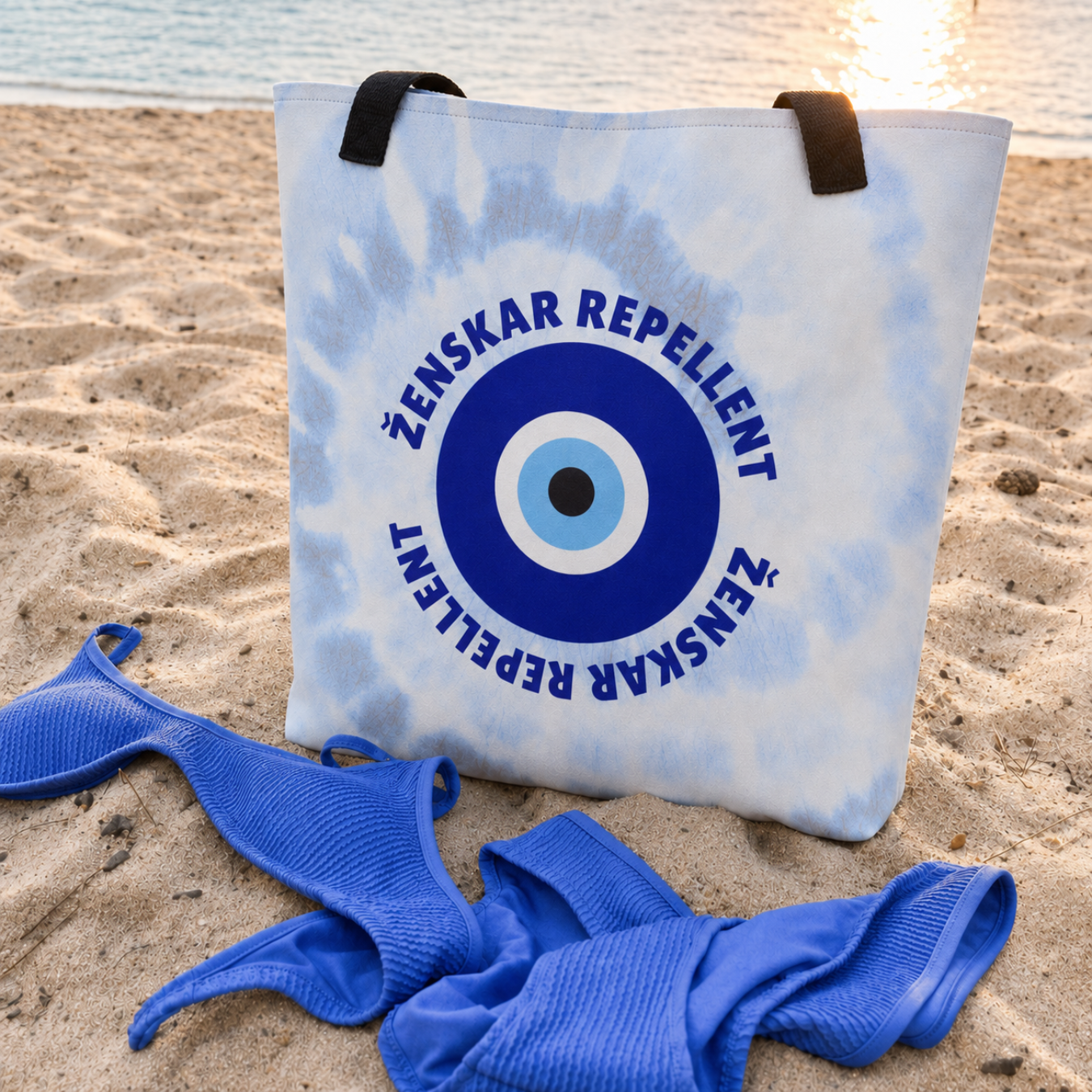 Slovenian Ženskar Repellent Beach Bag with blue evil-eye design