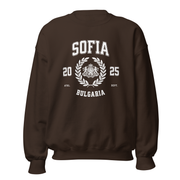 Sofia Bulgaria varsity crewneck sweatshirt espresso brown front view