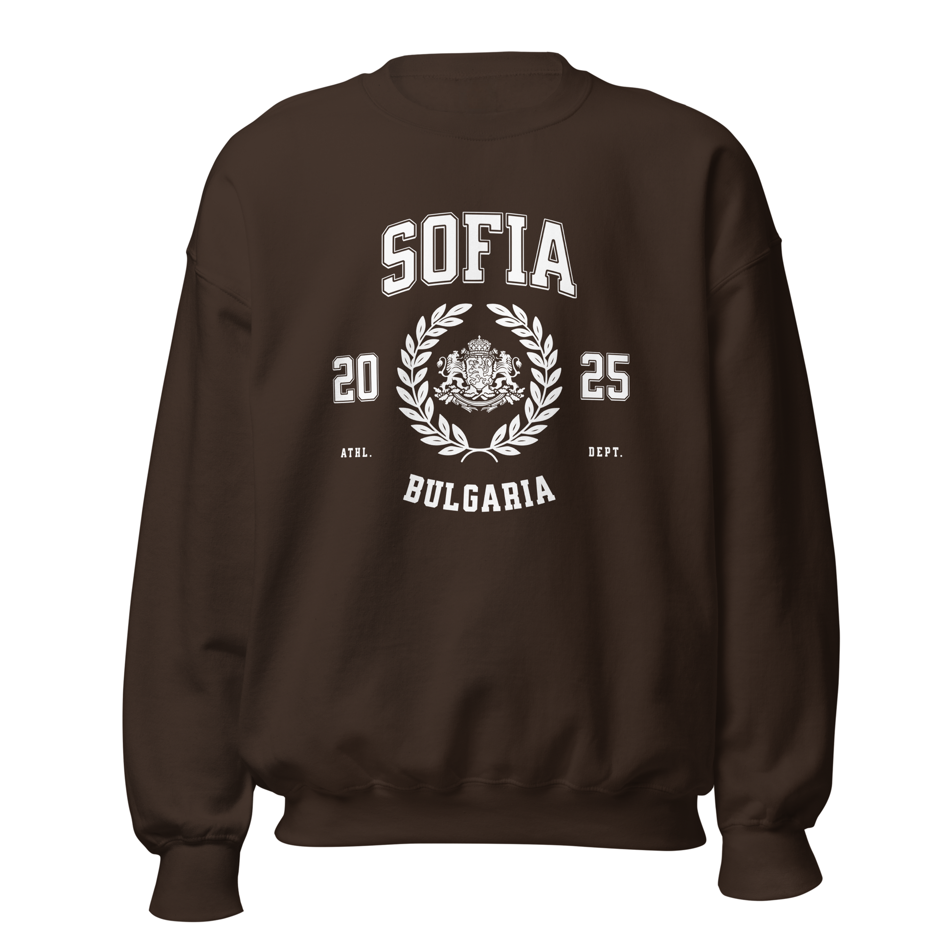 Sofia Bulgaria varsity crewneck sweatshirt espresso brown front view