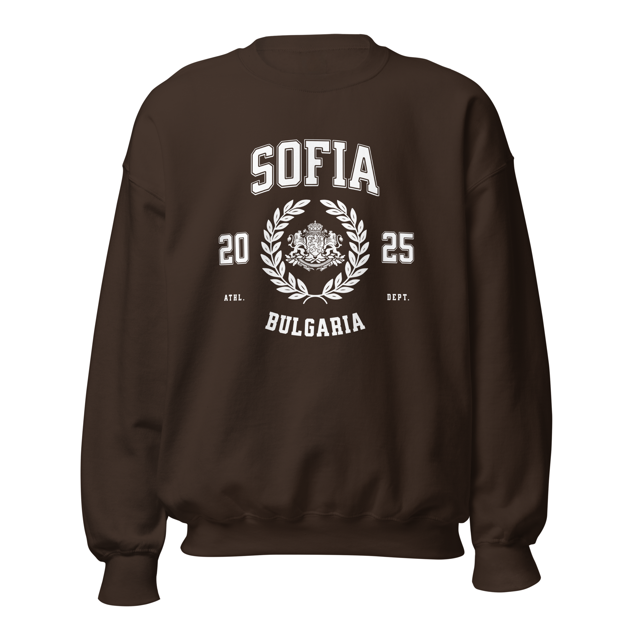 Sofia Bulgaria varsity crewneck sweatshirt espresso brown front view