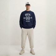 Man wearing Sofia Bulgaria varsity crewneck sweatshirt navy blue