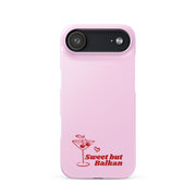Pink glossy phone case with cocktail illustration and the phrase “Sweet but Balkan”.