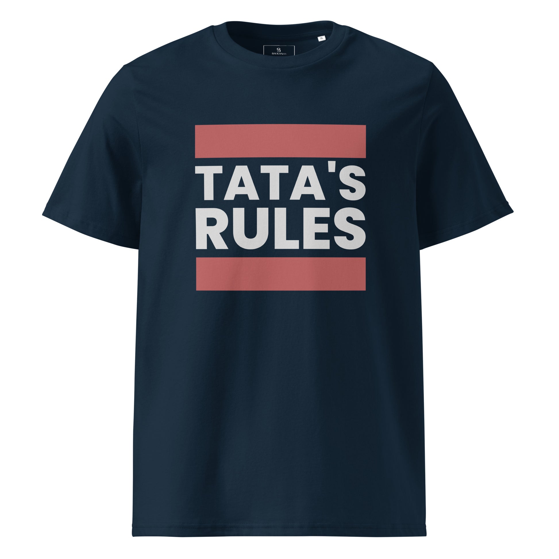 navy blue men's shirt with tata's rules text design in bold vintage lettering