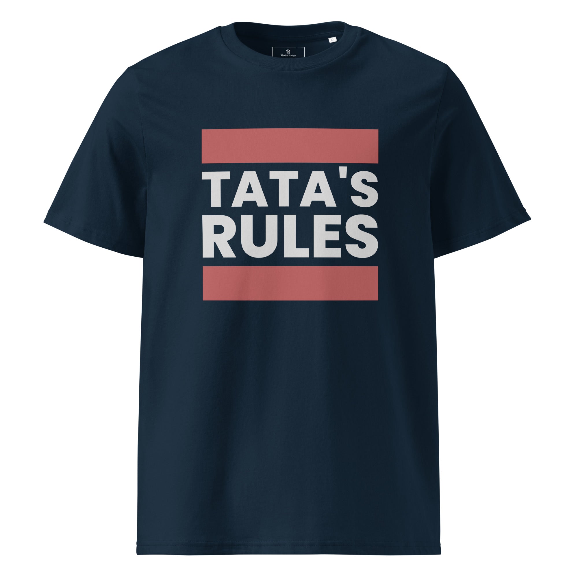 navy blue men's shirt with tata's rules text design in bold vintage lettering