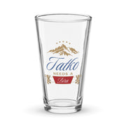 beer pint glass with tatko needs a bira bulgarian dad design and mountain graphicProduct mockup