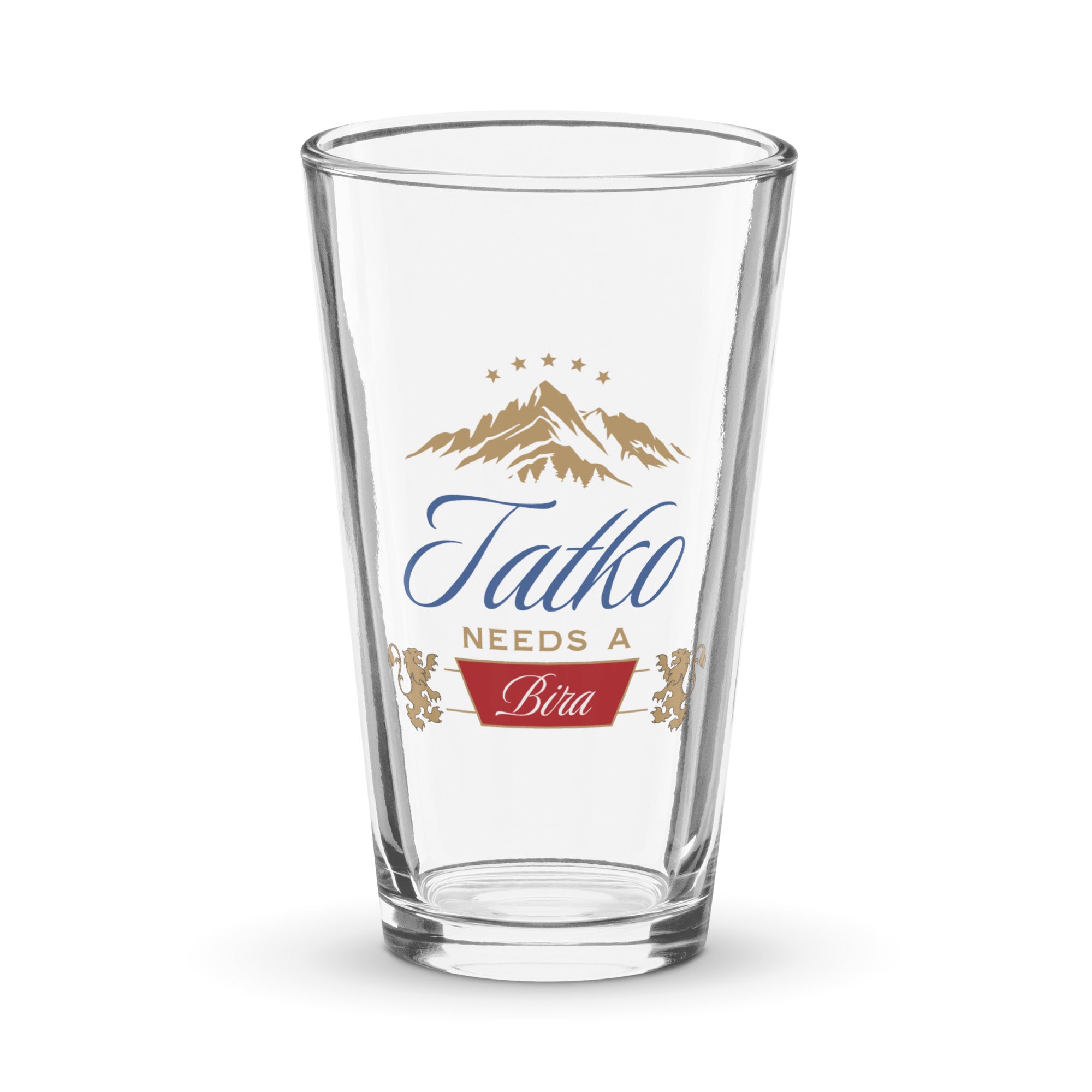 beer pint glass with tatko needs a bira bulgarian dad design and mountain graphicProduct mockup