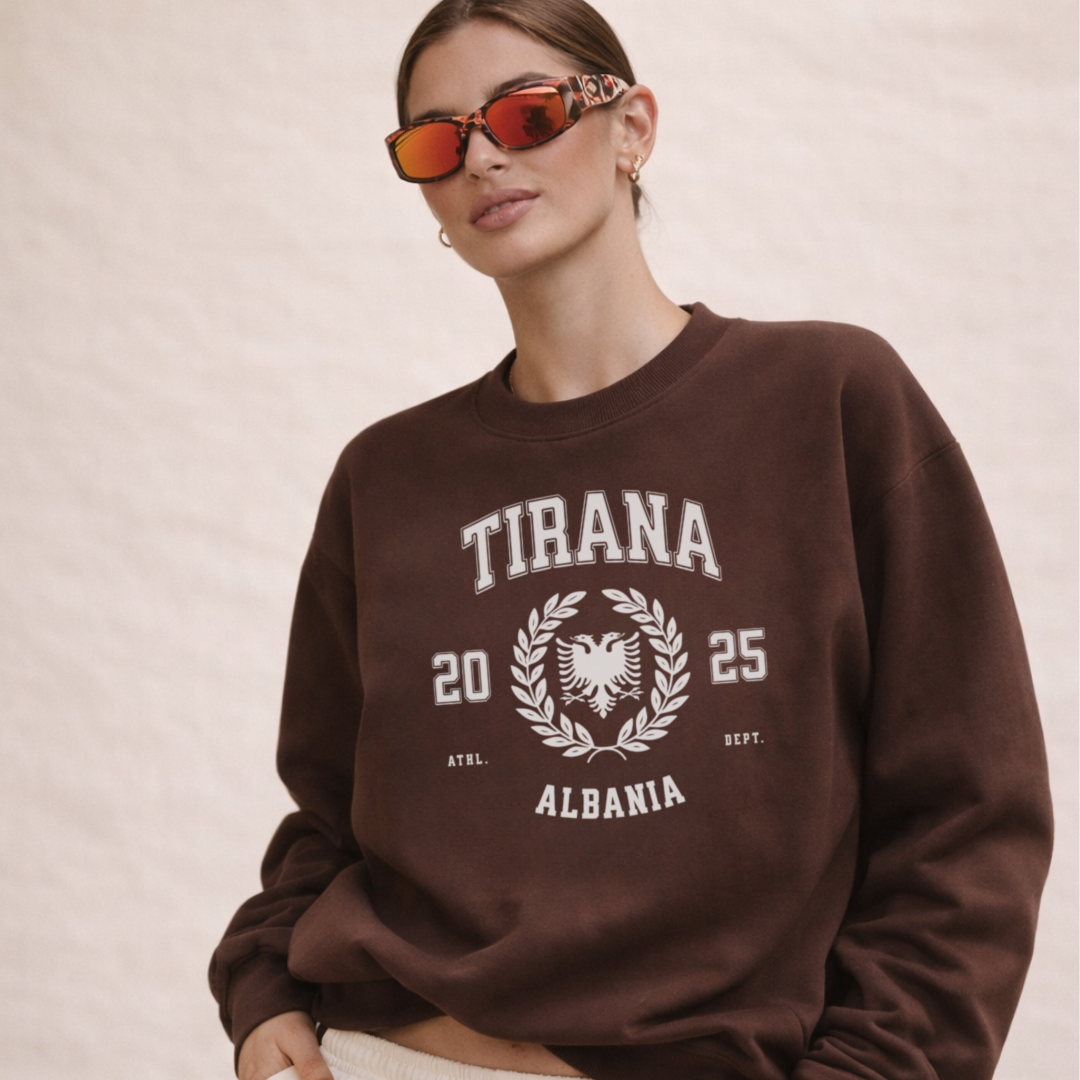 Woman wearing Tirana Albania vintage crewneck espresso brown