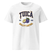 white men's shirt with țuică quality control varsity design and plum graphic
