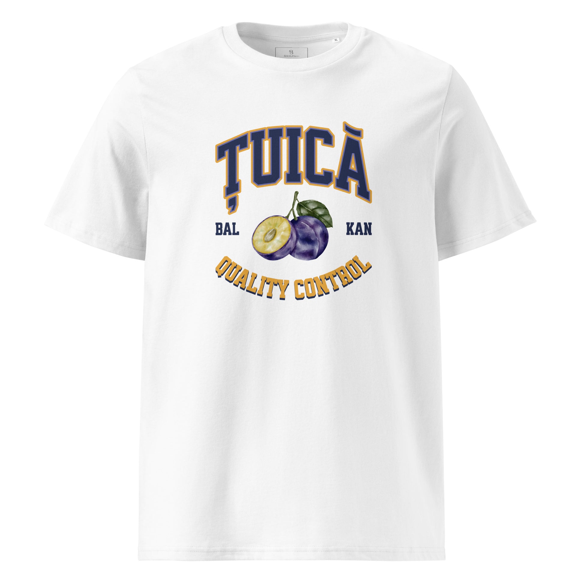 white men's shirt with țuică quality control varsity design and plum graphic