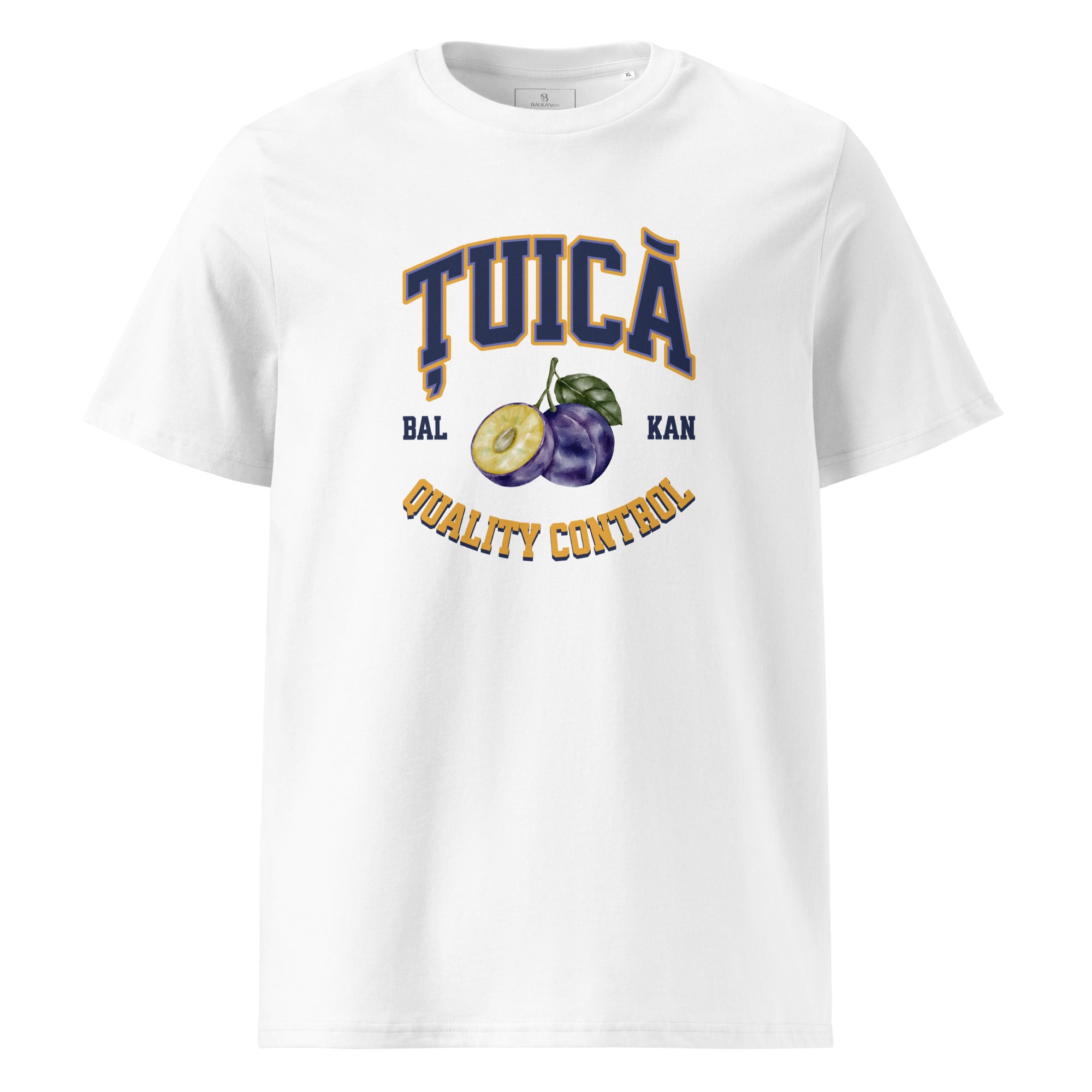 white men's shirt with țuică quality control varsity design and plum graphic