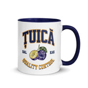 white mug with colored handle featuring țuică quality control varsity design and plum graphic