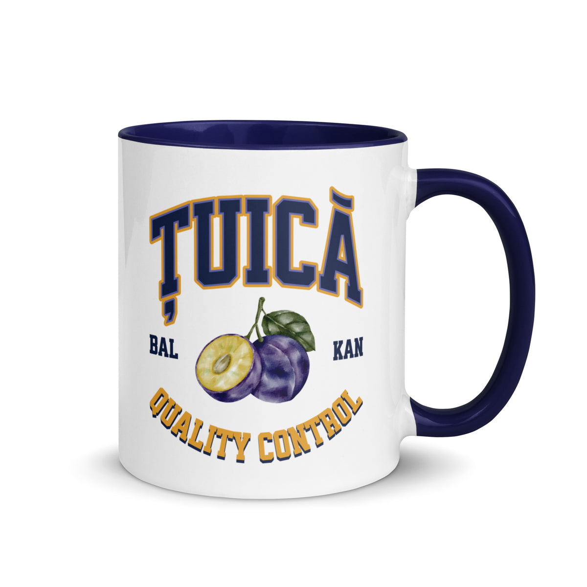white mug with colored handle featuring țuică quality control varsity design and plum graphic